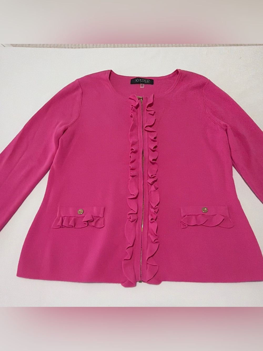 Kasper Hot Pink Ruffle Zip-Front Cardigan - Picture 3 of 10